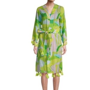 TRUE DESTINATIONS Printed Tassel-Trim Cover-Up Robe In Green Combo. Size Small